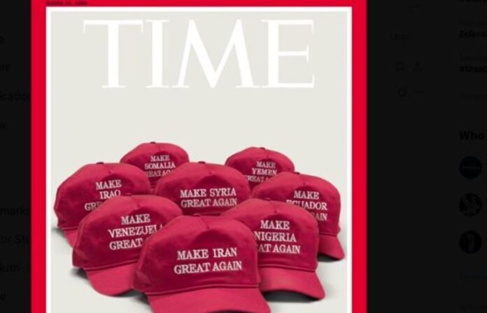 Εξώφυλλο TIME Magazine με κόκκινα καπέλα για τη στρατιωτική πολιτική του Τραμπ